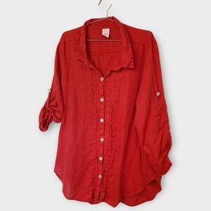 Match Point Womens Blouse Sz XL Red‎ Linen Button Down Shirt Roll Tab Sleeves XL